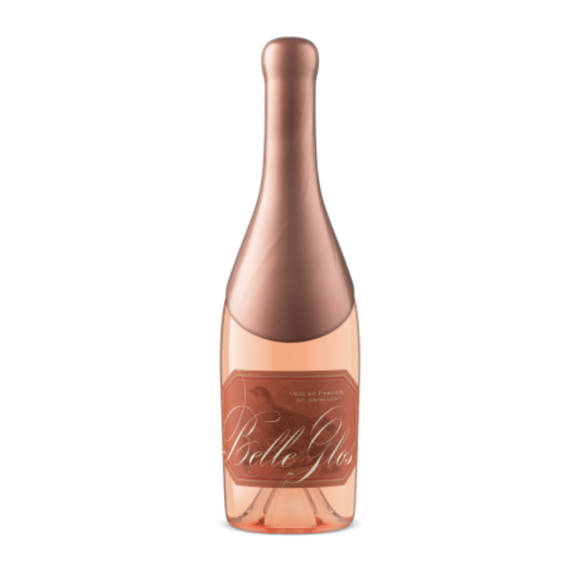 A bottle of Belle Glorie Rosé Champagne with a metallic rose gold foil neck and a matching rose gold label, filled with pinkish-rose champagne, set against a plain white background.