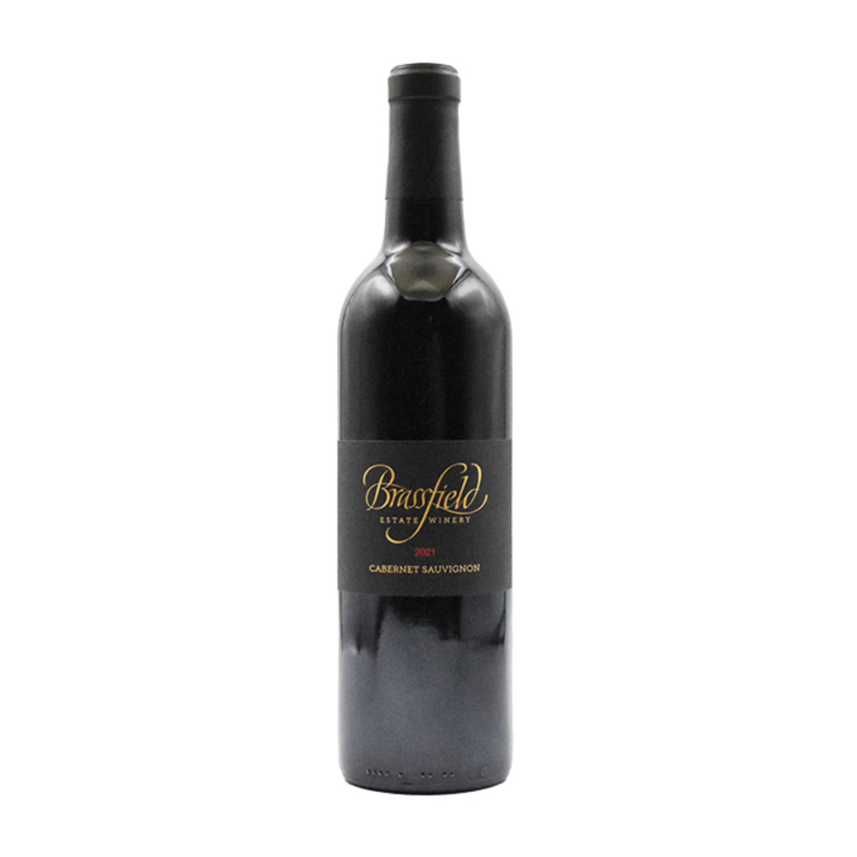 A bottle of Brimfield Estate Winery 2021 Cabernet Sauvignon red wine, featuring a dark glass bottle with a black label and gold lettering, set against a plain white background.