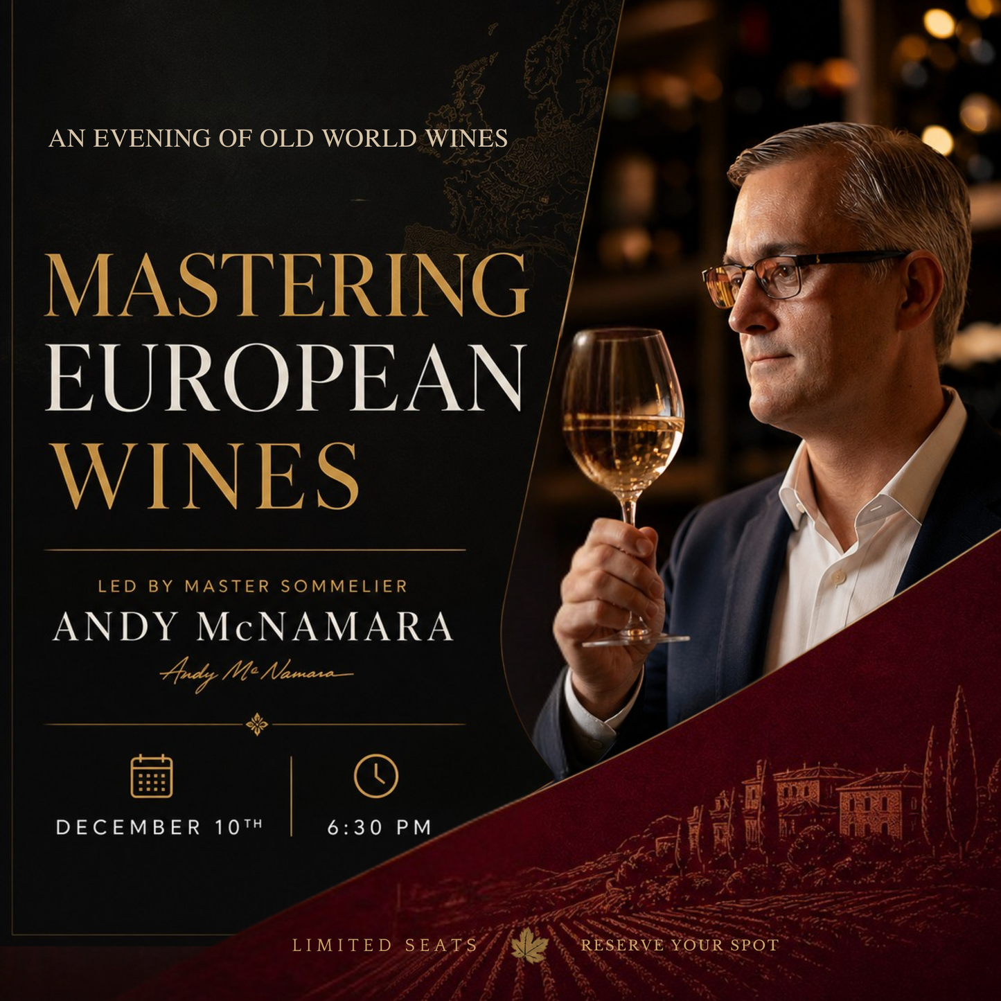 Mastering European Wines- Led by Master Sommelier Andy McNamara December 10th, 6:30PM