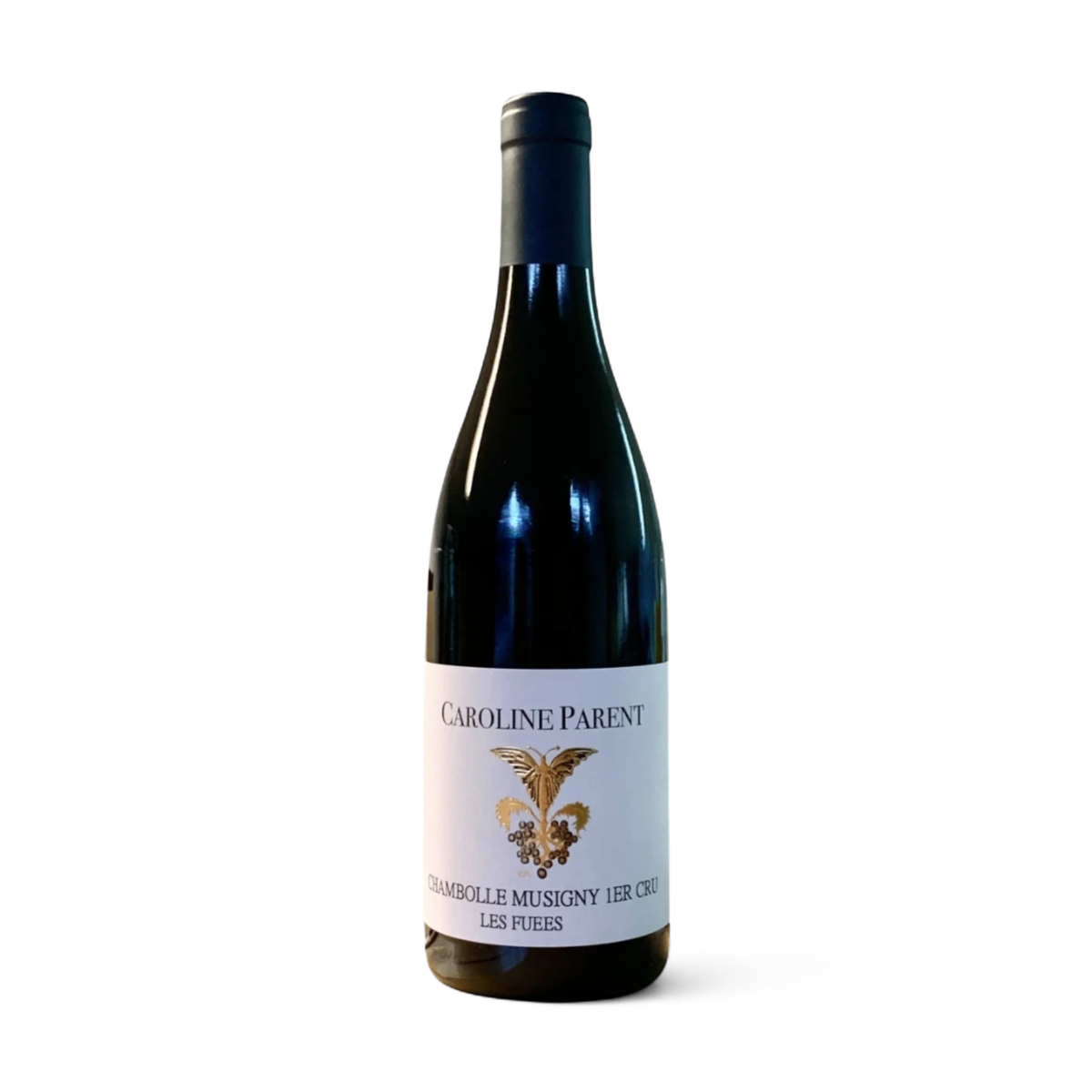A bottle of Caroline Parent Chambolle Musigny 1er Cru Les Fuses white wine, featuring a dark glass bottle with a white label and gold crest, set against a plain white background.