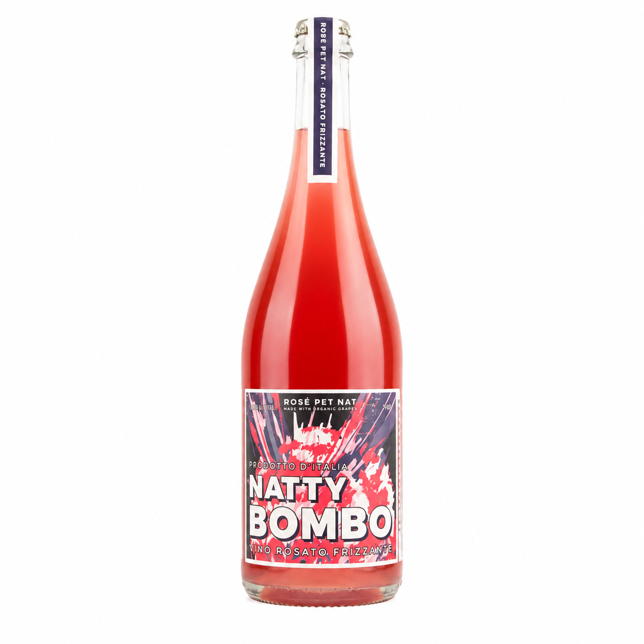 A glass bottle of Natty Bombo soda with a vibrant red-pink liquid, featuring a colorful label and a dark blue neck seal on a plain white background.