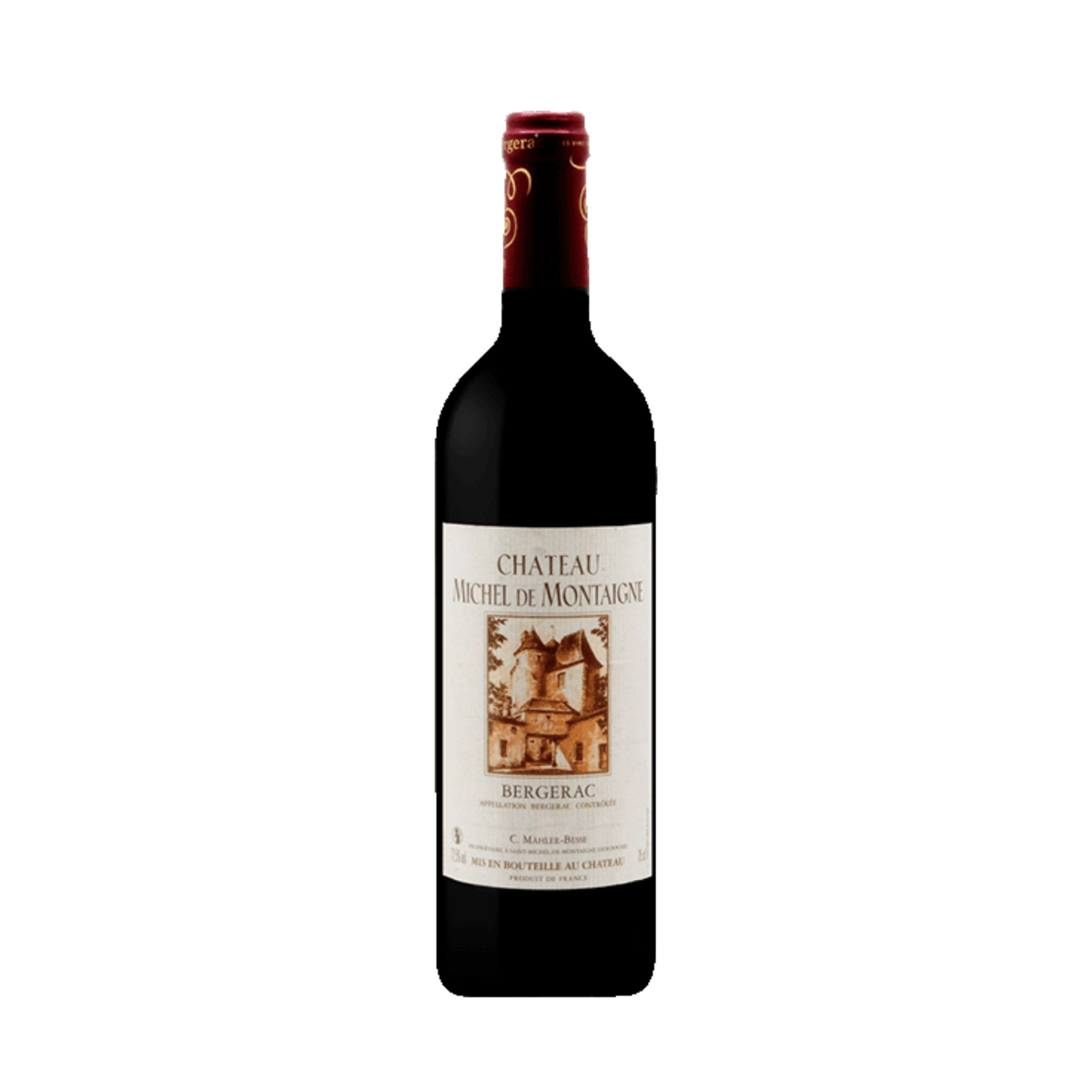 A bottle of Château Michel de Montargue Bergerac red wine, featuring a dark glass bottle with a cream-colored label and a dark red wax seal at the neck, set against a plain white background.