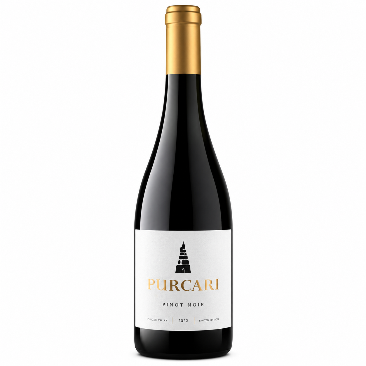 A bottle of Purcari Pinot Noir red wine from Paso de los Vinos, featuring a dark glass bottle with a gold foil capsule and a white label with gold lettering.