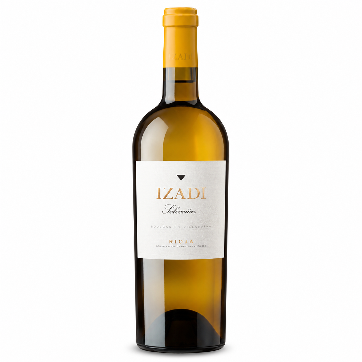 A bottle of Izadi Silencio white wine with a white label and a yellow-orange foil capsule, set against a plain white background.