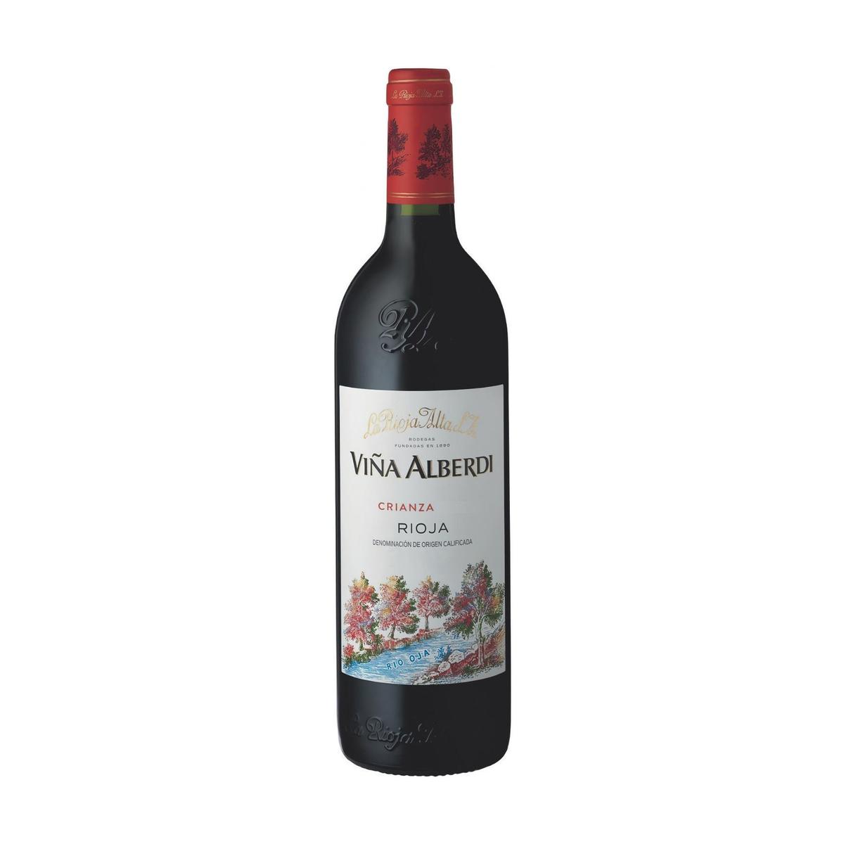 A bottle of Vigna Alberda Crianza Rioja red wine, featuring a dark glass bottle, a red foil seal at the neck, and a white label with a colorful landscape illustration.