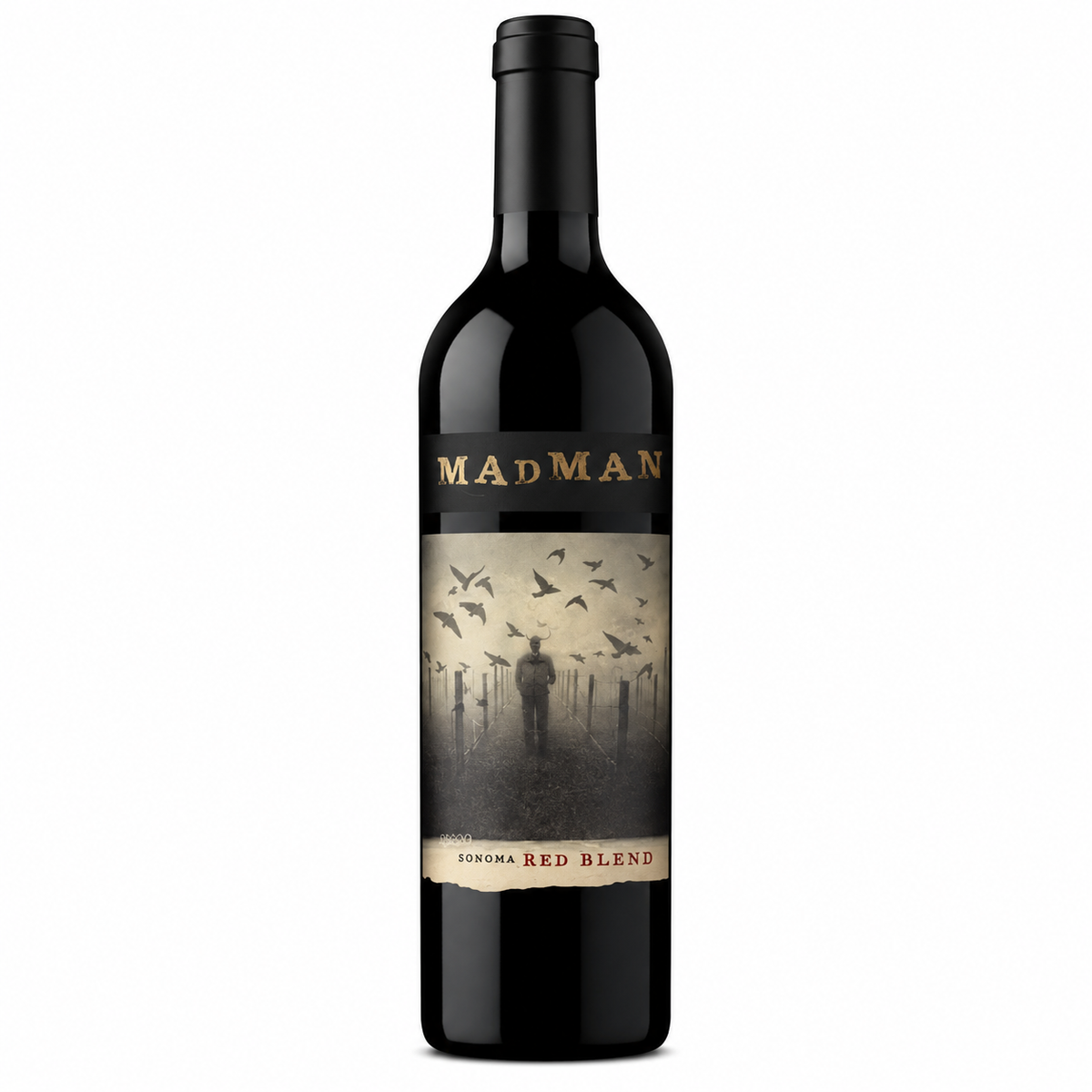 Mad Man Somonia Red Blend wine bottle on a plain white background. The bottle is dark glass with a black capsule and a label featuring a sepia-toned illustration of a lone figure under flying birds, with 'MAD MAN' in gold lettering.