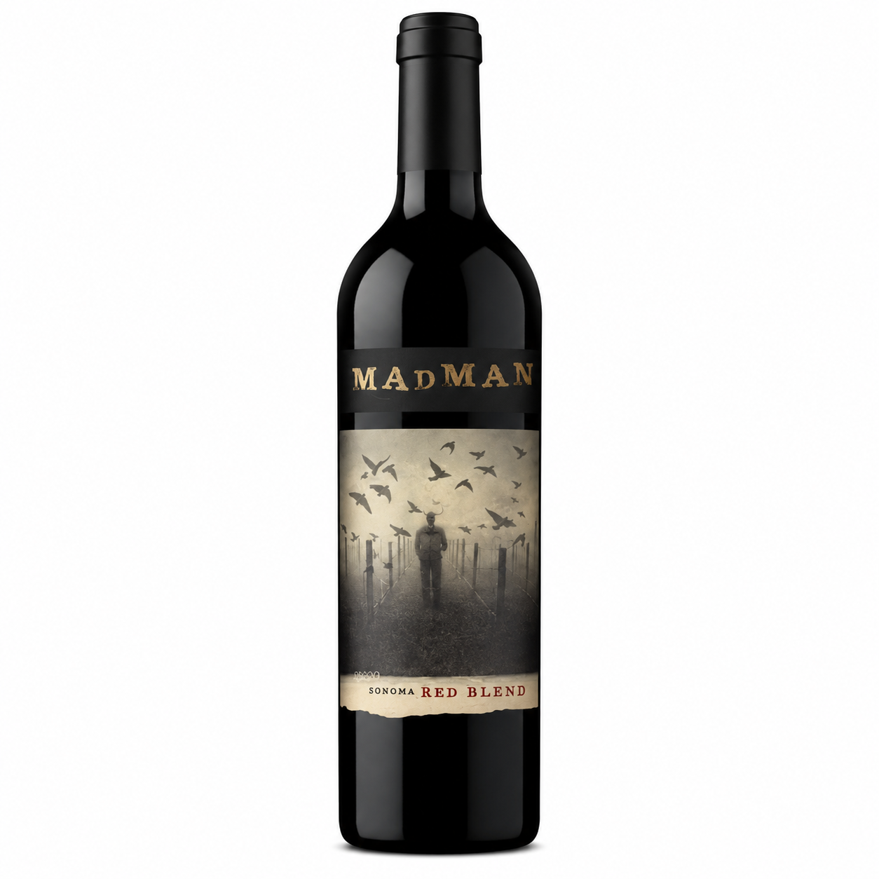 Mad Man Somonia Red Blend wine bottle on a plain white background. The bottle is dark glass with a black capsule and a label featuring a sepia-toned illustration of a lone figure under flying birds, with 'MAD MAN' in gold lettering.