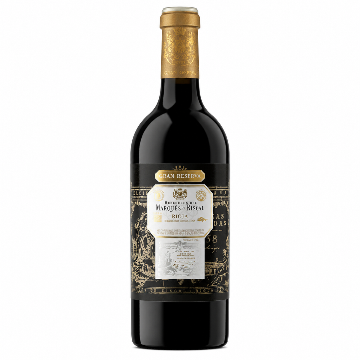 A bottle of Marqués de Riscal Rioja red wine, featuring a dark glass bottle with a gold foil capsule and a black and gold label, set against a plain white background.