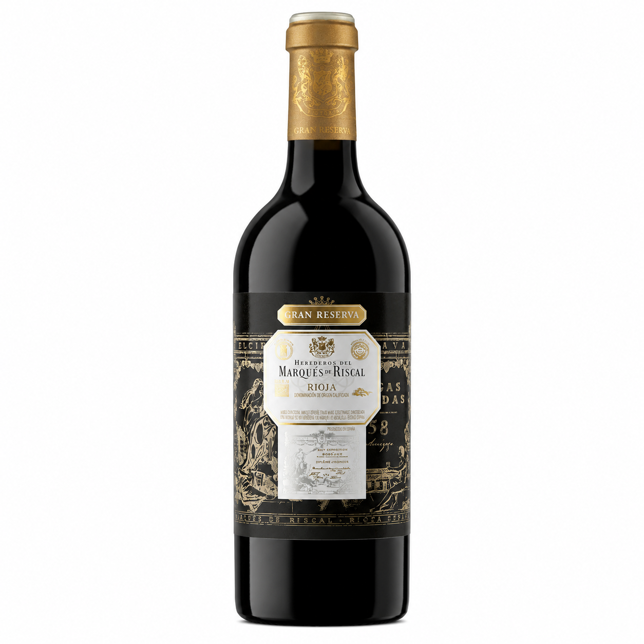 A bottle of Marqués de Riscal Rioja red wine, featuring a dark glass bottle with a gold foil capsule and a black and gold label, set against a plain white background.