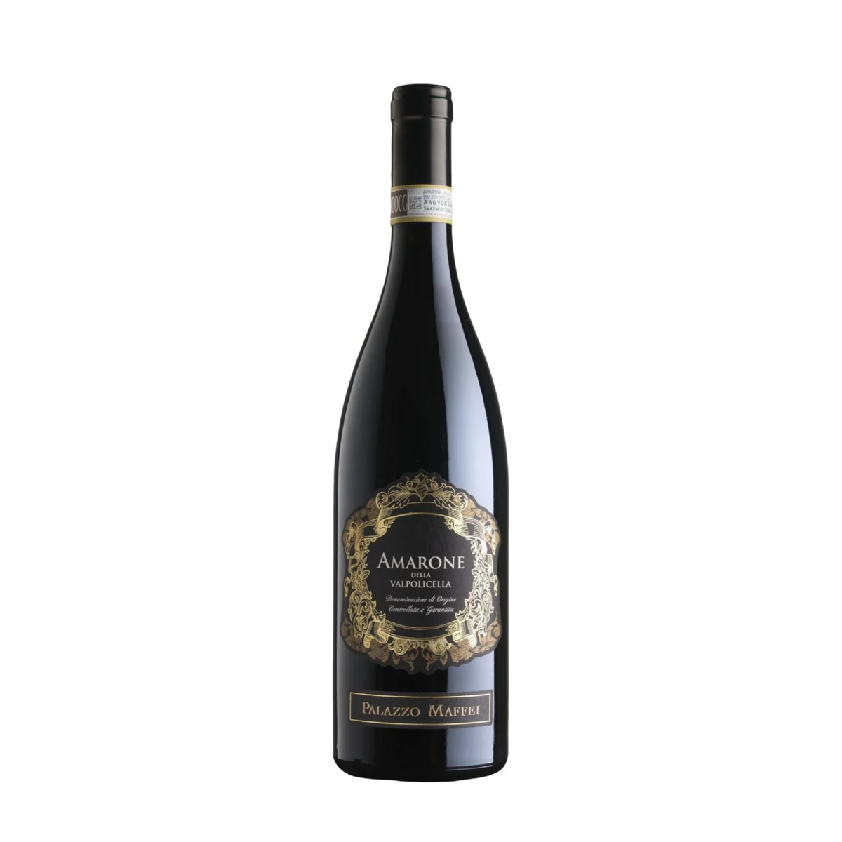 A bottle of Amarone Valtorciana red wine by Palazzo Mavuel, featuring a dark glass bottle with a black cap and a gold and black label, set against a plain white background.