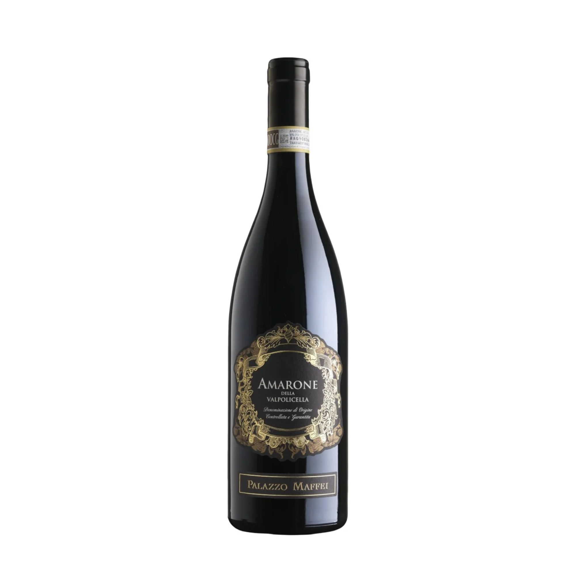 A bottle of Amarone Valtorciana red wine by Palazzo Mavuel, featuring a dark glass bottle with a black cap and a gold and black label, set against a plain white background.
