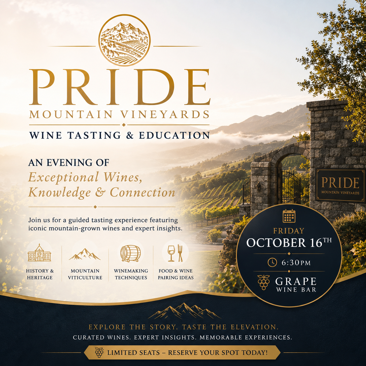 Pride Mountain Vinyards Wine Tasting & Education(October 16th, 6:30PM)