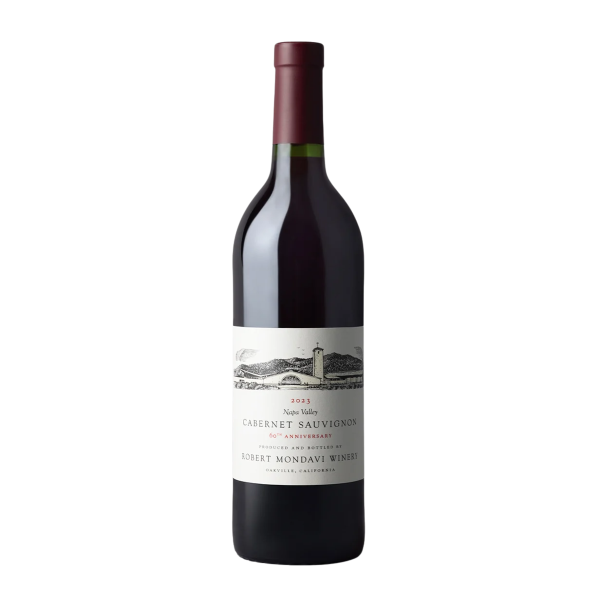 A bottle of Robert Mondavi Winery 2003 Cabernet Sauvignon red wine, featuring a dark glass bottle with a dark red foil capsule and a white label with black text and illustration, set against a plain white background.