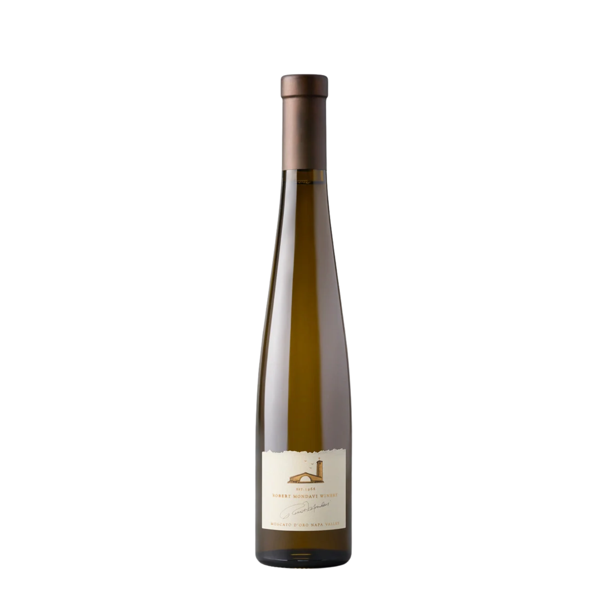 A single tall glass wine bottle with a dark brown capsule and a cream-colored label, centered on a plain white background.