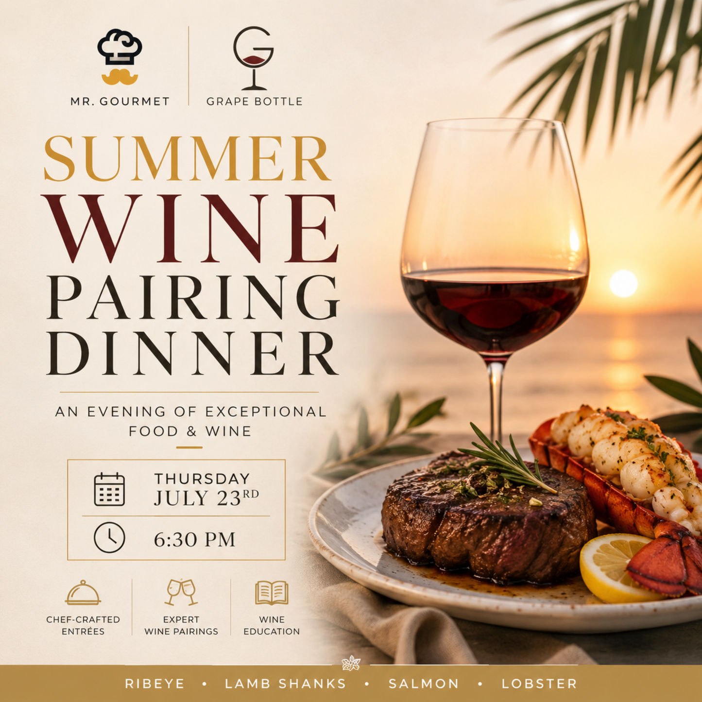 Summer Wine Pairing Dinner (Featuring Mr. Gourmet) July 23rd, 6:30PM