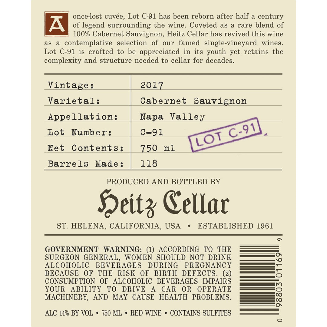 Heitz Cellar Lot-91, Cabernet Sauvignon, Napa, California, United States 2017